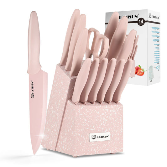 14 Pieces Pink Titanium Coating Kitchen Knife Set